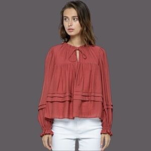 Baby Doll Ruffles Tie Neck Pleats Long Slv Top